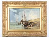 une peinture à l'huile représentant des bateaux sur l'eau près d'un rivage