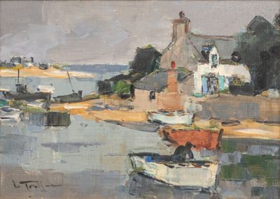a painting of boats on the water in a harbor