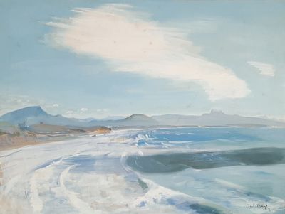 painting of a painting of a beach with waves and mountains in the background