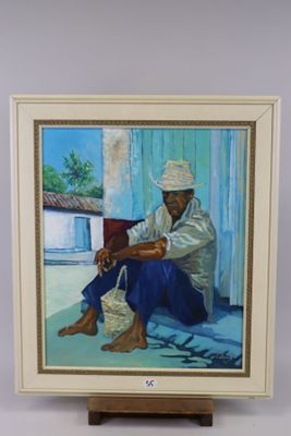 tableau représentant un homme assis par terre avec un panier de nourriture