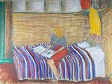 painting of a woman sitting on a bed reading a book