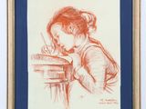 un dessin représentant une jeune fille en train d'écrire à son bureau