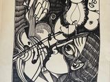 a black and white drawing of a woman playing a violin