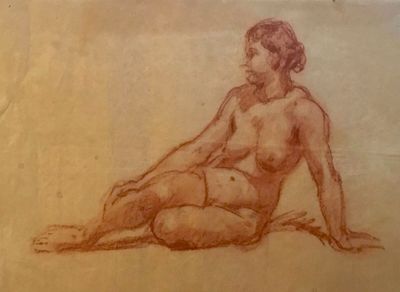 drawing of a nude woman sitting on the ground with her legs crossed