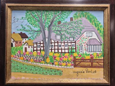 painting of a house and garden with a bench in front of it