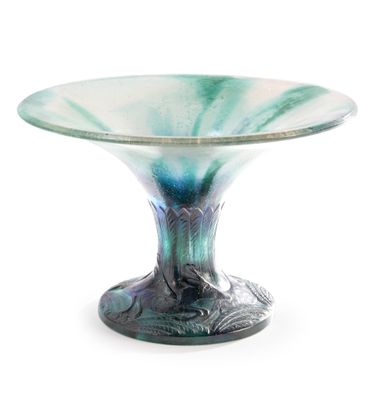 a glass bowl on a pedestal on a white background