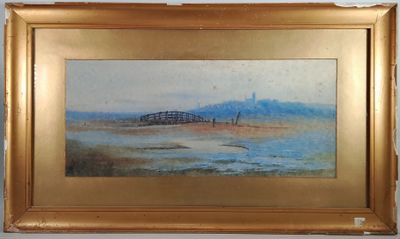 tableau représentant un pont au-dessus d'un plan d'eau, avec une montagne en arrière-plan