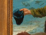 a painting of a woman holding a hat on the beach