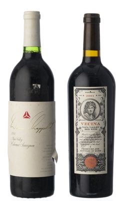 deux bouteilles de vin rouge sont posées l'une à côté de l'autre
