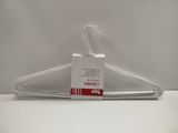 a clear plastic hanger with a tag on it