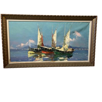 framed oil painting of a sailboat in a calm sea