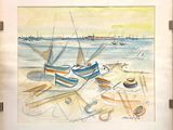 a picture of a painting of a boat on the beach