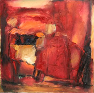 une peinture abstraite représentant une chaise et une chaise dans une pièce