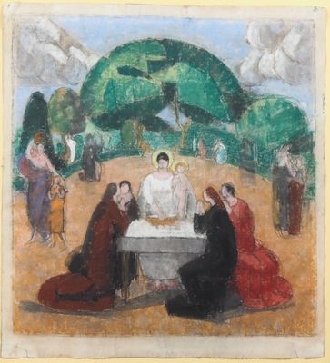 une peinture représentant un groupe de personnes assises autour d'une table