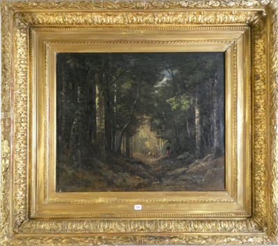 une peinture à l'huile représentant une scène de forêt avec un homme marchant sur un sentier