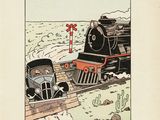 cartoon of a train traveling through a desert with a cactus in the foreground