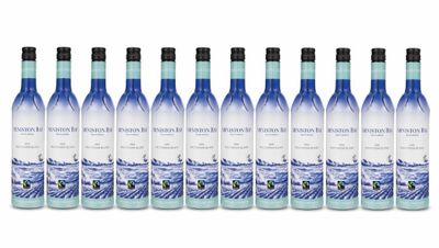 un ensemble de six bouteilles de vin bleu et blanc sur fond blanc