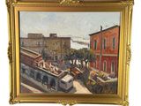 une peinture à l'huile représentant une scène urbaine avec un train sur les rails
