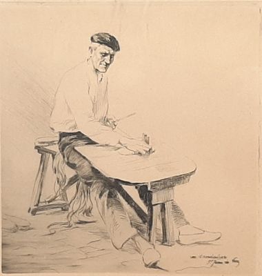 drawing of a man sitting at a table writing on a piece of paper