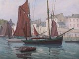 une peinture représentant un bateau dans l'eau avec d'autres bateaux dans l'eau