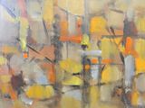 peinture représentant une peinture d'un paysage urbain aux couleurs jaune, orange et bleu