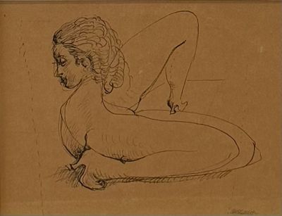 un dessin représentant une femme allongée sur le ventre, les jambes croisées