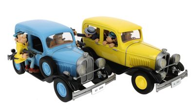 yellow and blue toy cars with people in them on a white background