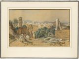 painting of a view of a city with a castle in the background