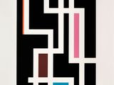a black and white painting with pink, blue, and red lines