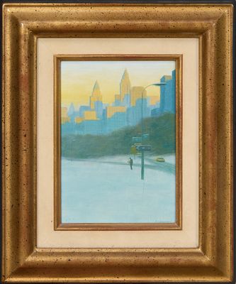 une peinture représentant un paysage urbain, dans un cadre doré