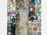 an image of a painting of a woman standing in front of flowers