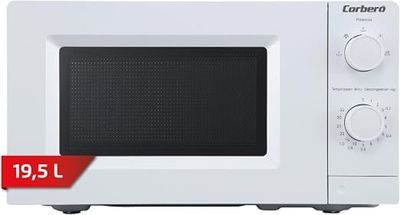 the microwave is white and has a black dial on it