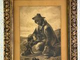 painting of a man sitting on a horse with a dog in his lap