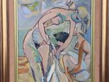 une peinture à l'huile représentant deux nus sur une plage, avec un ciel bleu en arrière-plan