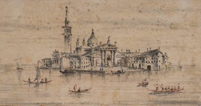 tableau représentant une vue de ville avec un bateau sur l'eau et un bateau sur l'eau