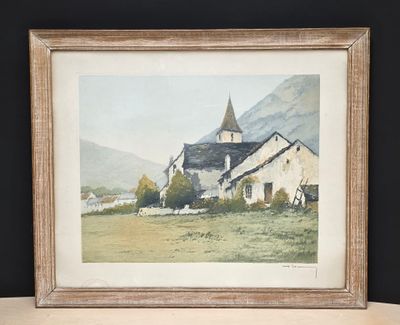 aquarelle encadrée représentant une scène de vie à la ferme avec une église en arrière-plan