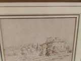 a drawing of a house in a field with trees in the background