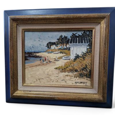 framed oil painting of a beach scene with people on the sand