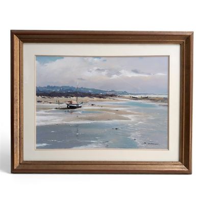 peinture d'une scène de plage avec un bateau dans l'eau