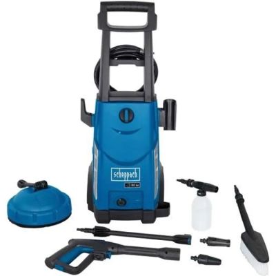 une pompe électrique bleue avec des outils, sur fond blanc