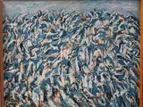 a painting of a large group of people in the water