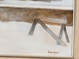 a picture of a painting of a bench in the snow