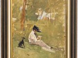 une image représentant un tableau où l'on voit une femme assise dans l'herbe avec un chien
