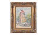 an oil painting of a building with a clock tower on top of it