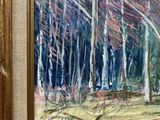 an oil painting of trees in a wooded area by a stream