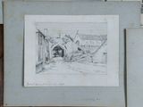 three drawings of a barn and a barn with a clock on the wall