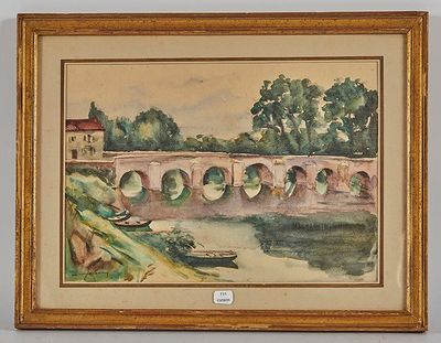 tableau représentant un pont au-dessus d'une rivière, avec un bateau au premier plan