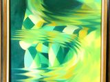 tableau abstrait vert et jaune dans un cadre doré
