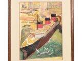 painting of a large boat in a body of water near a shore