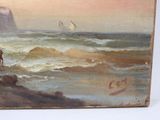 painting of a man on a horse by the ocean with a sailboat in the distance